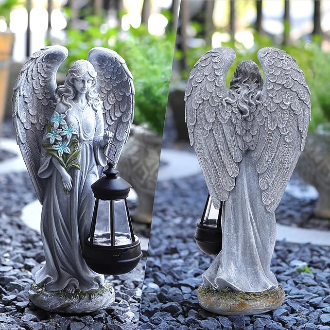 VChymm Solar Angel Outdoor Garden Decor Statues – 13.2 inches Solar Outdoor Sculptures for Outside Yard Art Patio Balcony Front Lawn Ornaments Gifts for Mom Grandma Women