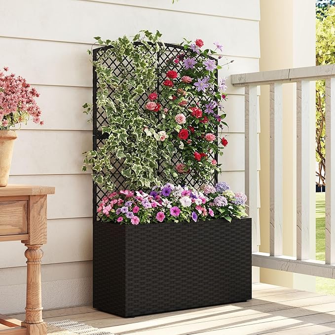 HAPPYGRILL Raised Garden Bed with Trellis, 49" Wicker Planter Box w/Privacy Screen, Liner, Drainage for Patio Balcony, Outdoor PE Rattan Elevated Garden Bed for Climbing Plant Vine Flower (Black,1)