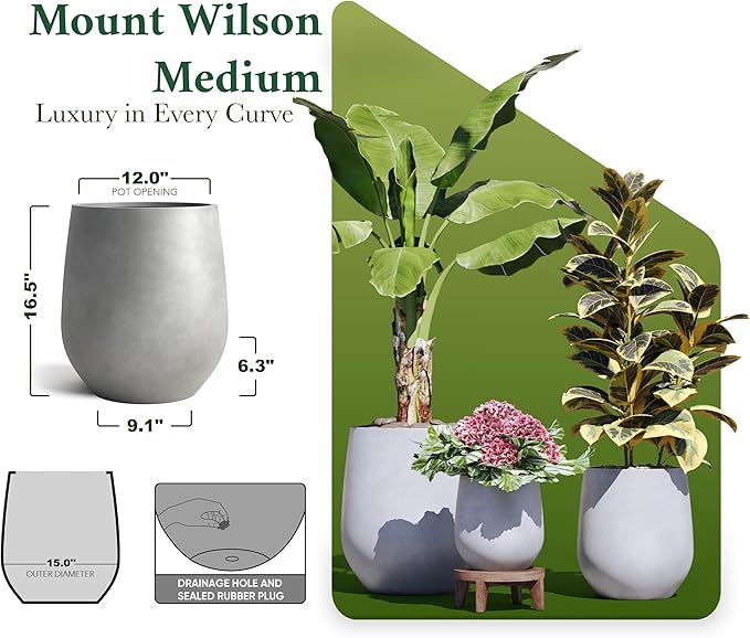 DTY Signature Mount Wilson 15''D x 16.5''H Modern Indoor Outdoor Fiberstone Tapered Planter, Lightweight, Weather Resistant Garden Pot with Drainage Hole & Rubber Plug - Gray, Medium