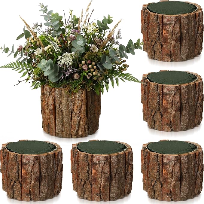 6 Set Wooden Vase for Centerpieces Wooden Flower Vase with Flower Mud Rustic Bark Stump Buckets Vintage Wood Planter Pots for Woodland Party Wedding Window Home Farmhouse Table Decor