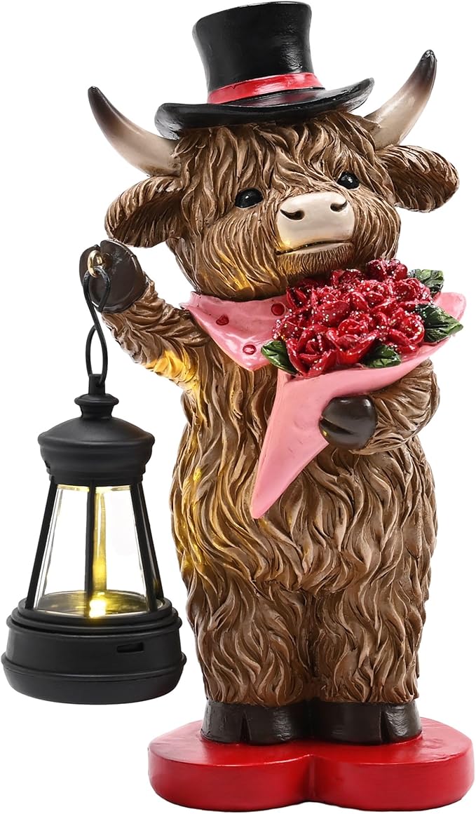 TERESA'S COLLECTIONS 8" Charming Highland Cow Garden Statue with Solar Lantern, Valentine's Day Resin Figurine Holding Roses and Wearing Top Hat, Weatherproof Outdoor Decor for Path Yard Porch