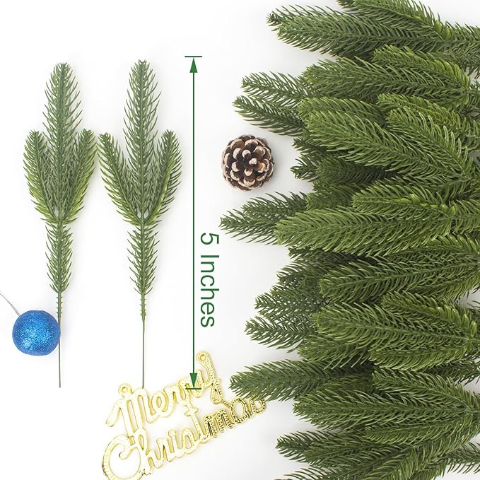 Grunyia 50 Pcs Artificial Pine Branches Fake Greenery Plants Pine Picks DIY Accessories for Garland Wreath Christmas and Home Garden Decor
