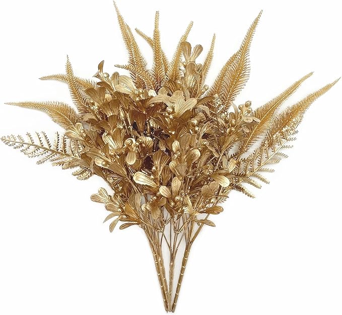 PASYOU Fake Plants Gold Flowers Bouquet Christmas Decoration, Artificial Shrubs Plastic Grass Leaves Indoor Outdoor Home Garden Party Hotel Verandah Wedding Event Faux DIY Table Decor - Golden 4 Pack