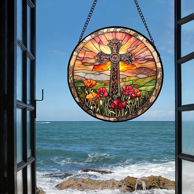 JOSUMALY Christian Gifts for Women - Cross Stained Glass Window Hanging Jesus Easter Poppy Sunset Landscape Sun Catcher Garden Religion Decor Mother's Day Catholic Gift for Men Grandma Mom Her 15"
