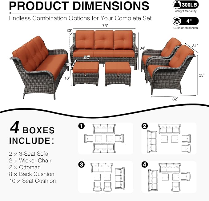 Joyside 6 Piece Wicker Patio Furniture Set, Rattan Patio Chairs with High Back, Deep Seating, Wide Armrest, Thickened Cushions, Outdoor Furniture for Deck, Porch Use