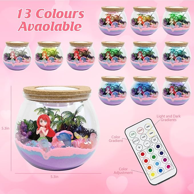 lonfypeng Mermaid Terrarium Kit for Kids - LED Night Light Birthday Gift for Girls Ages 4 5 6 7 8-12 Year Old - Toys for Girl - DIY Arts and Crafts Kit for Kids - Best Girls Presents (Mermaid)
