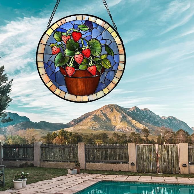 Stained Glass Window Hanging Red Strawberry Potted Plants Large 15" - Suncatcher Door Garden Sun Catcher Fall Home Decor Birthday Christmas for Mom Men Woman Nana Friend