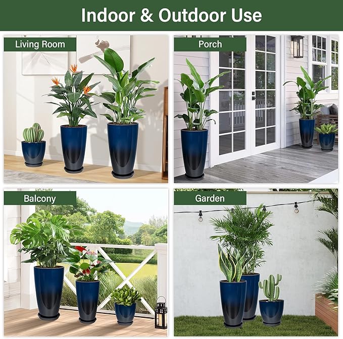 Neoaider 24/21/12 Inch Large Plastic Planter, Lightweight Ceramic-Look Tall Planters with Drain Hole & Saucers, Tall Plastic Planters for Porch, Garden, Patio, Balcony(Dark Blue)