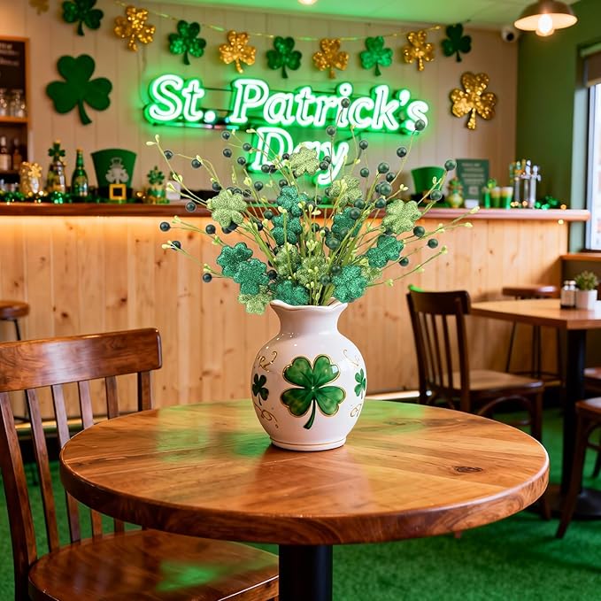 4Pcs St.Patrick's Day Shamrock Flowers Glitter Artificial Shamrock Picks with Lucky Clover Berries for St. Patrick's Day Decorations Centerpieces Home Decor