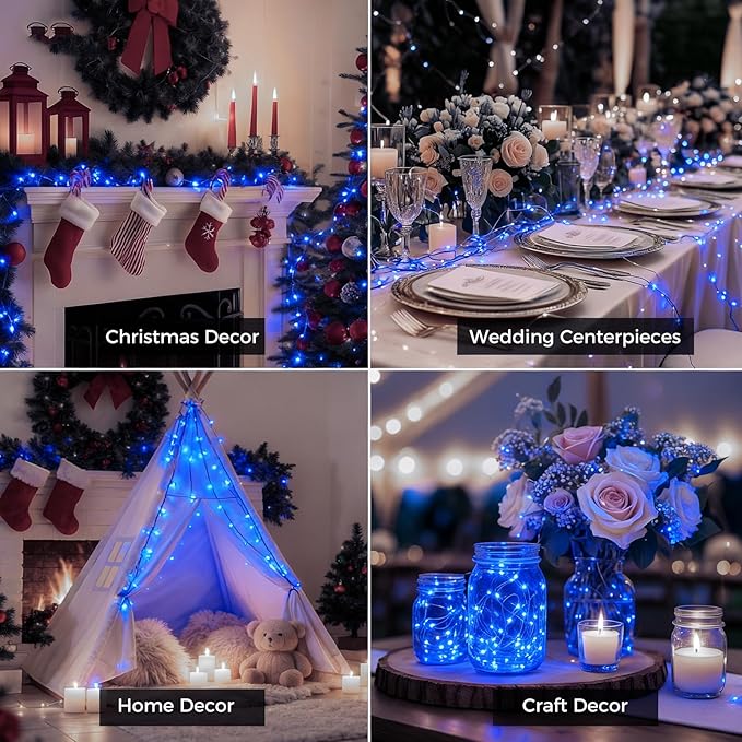 litogo 12 Pack 7FT 20 LED Fairy Lights Battery Operated, 3 Lighting Modes, Bulk Mini Twinkle String Lights Waterproof Silver Wire for Weddings Mason Jars Party Christmas Decorations-Blue