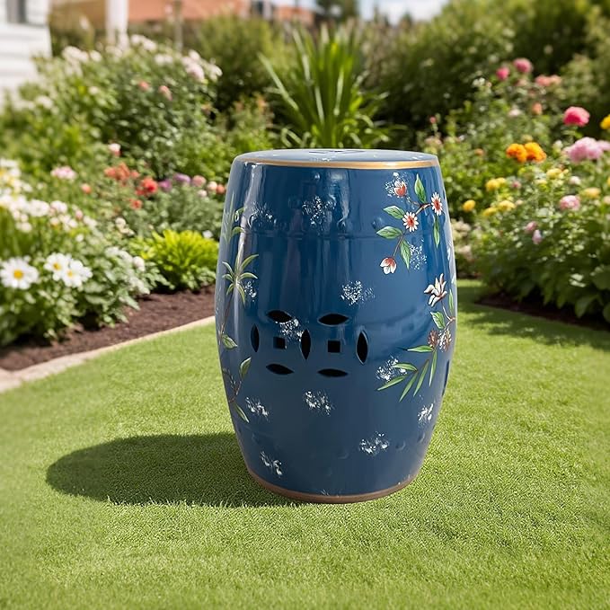 Ceramic Garden Stool, Hand-Painted Decorative Drum Accent Table for Indoor & Outdoor Use, Glazed Blue & White Chinoiserie Plant Stand, Side Table for Patio, Living Room, Bedroom, Balcony