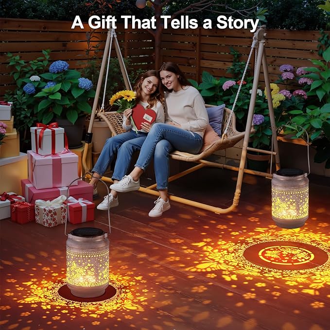 KOOPER Solar Lanterns Outdoor Waterproof Birthday Gifts for Women Mom Grandma, 2 Pack Upgraded Hummingbird Hanging Solar Lantern Lights Outdoor, Metal Outdoor Decoration for Yard (Butterfly and Rose)