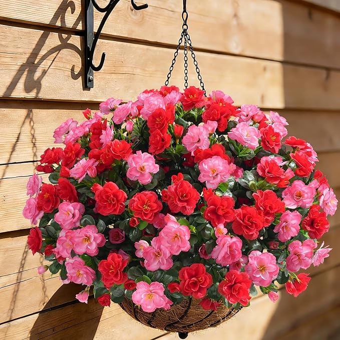 Artificial Fake Outdoor Flowers Plants, Faux Silk Camellia Bundles UV Resistant No Fade Realistic for Planter Pot, Outside Porch Patio Balcony Garden Yard Home Decoration, 3 Large Bundles(Melon Red)