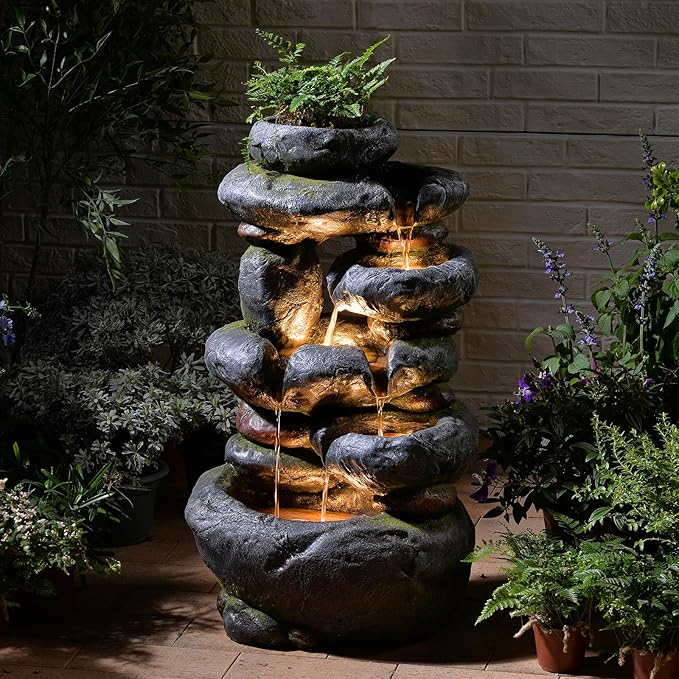 5-Tier Cascading Rock Water Fountain Outdoor, 29.5''Tall Outside Fountains and Waterfalls with Lights for Garden, Patio, Yard, Deck Home Decor with Natural Stone Look