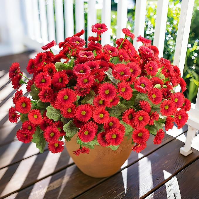 HyeFlora Artificial Dahlia Flowers for Outdoors Faux Plants Spring Decor, 6 Bundles Red Fake Silk Flowers for Outside Realistic UV Resistant for Planter Front Door Porch Patio Balcony Yard Home