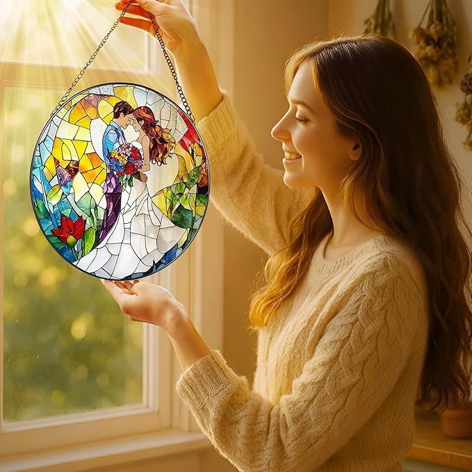 LAOWEIKI 8'' Romantic Couple Wedding Sun Catcher Ornament, Stained Glass Window Hanging, Suncatchers for Windows Hanging Ornaments, Window Decor | Ideal Gift, Wedding Gift, Gifts for Couple & Newlywed