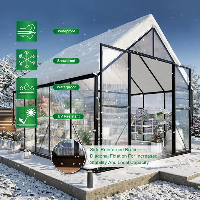 8x10 FT Greenhouse for Outdoors, Polycarbonate Green House with Adjustable Roof Vent and Rain Gutter, Aluminum Large Walk-in Greenhouse with Quick Setup Structure for Outside Garden Backyard Patio