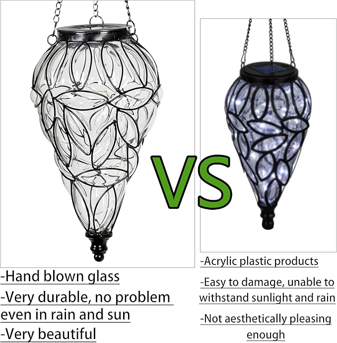Naboher Solar Hanging Lantern Outdoor Garden Lights, Tear-Shaped Glass and Metal Hanging Lantern, 15 Firefly LED Lights, 7 x 24 Inch (Clear)