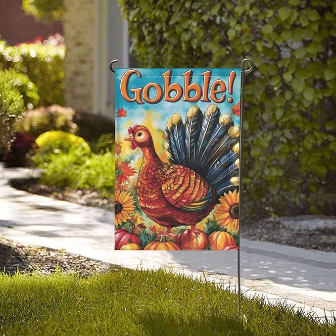Thanksgiving Day Gobble Garden Flag 12x18 Inch Double Sided All-Weather Polyester Outdoor Flag For Patio Lawn Yard And Garden Welcome Decor