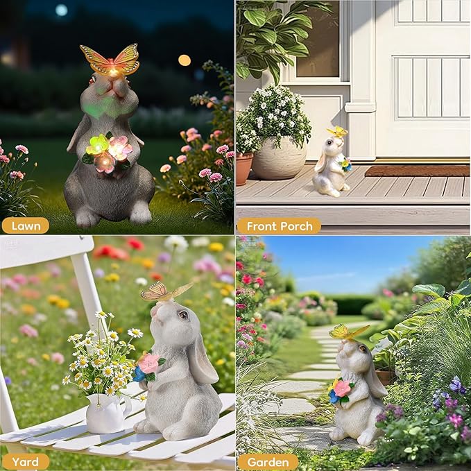Garden Statue Outdoor Decor, Rabbit Figurines with Solar Butterfly Changing Color LED Lights, Bunny Ornament for Patio Backyard Lawn, Birthday Housewarming Gift for Women Mom Grandma
