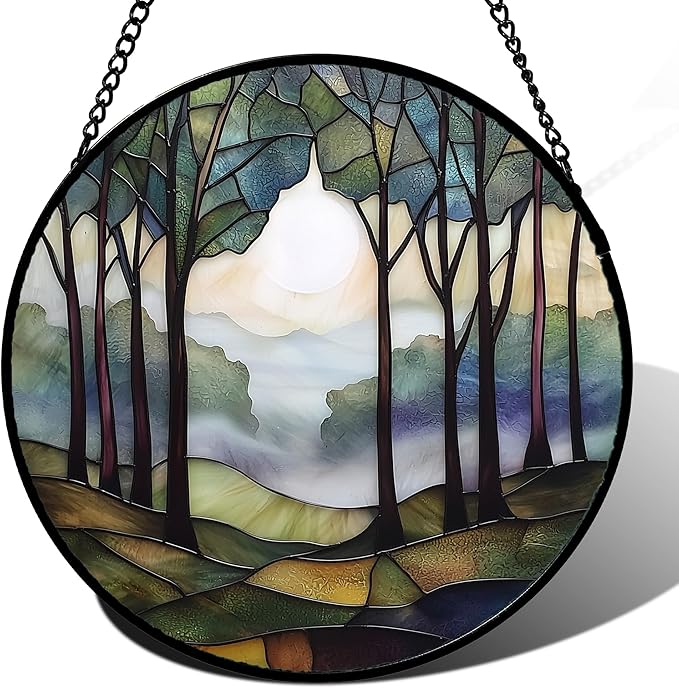 DASTOLL Stained Glass Window Hanging, Green Brown Smoke Forest Moon Suncatcher for Doors Window Home Tree Sun Catchers Decor Mother's Day Birthday Gifts for Women, Men Mom 15 in