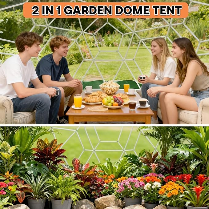 Garden Dome Tent 12*7.2FT, 360° View Geodesic Dome Greenhouse with PVC Clear Cover, Waterproof Garden Bubble Dome Tent House with 2 x 10M Light Strings for Outdoor, Green