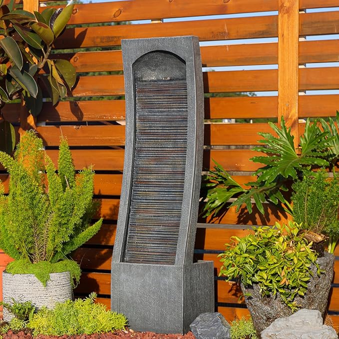 Modern Indoor Water Fountain Curved Faux Slate Waterfall Fountain with LED Lighting, 42.5-Inch Tall Tiered Waterfall Fountains for Garden, Patio, Backyard Decor - Durable and Weather-Resistant Design