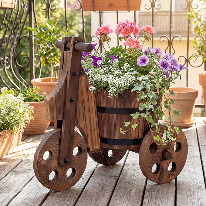 Giantex Wooden Wagon Planter with Wheels, Rustic Wood Plant Stand with 3 Wheels & Drainage Hole for Flowers Herbs Vegetables, Indoor Outdoor Decorative Garden Flower Cart for Patio Backyard (2)