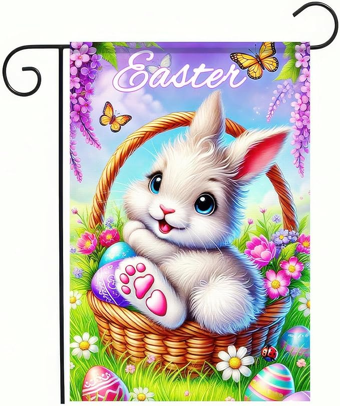 Happy Easter Bunny Garden Flag Double Sided 12 x 18 Inch Easter Egg Rabbit Easter Garden Flag Yard Flag Outdoor Flag Seasonal Decors for Spring Farmhouse Holiday Outside Decorative Banner