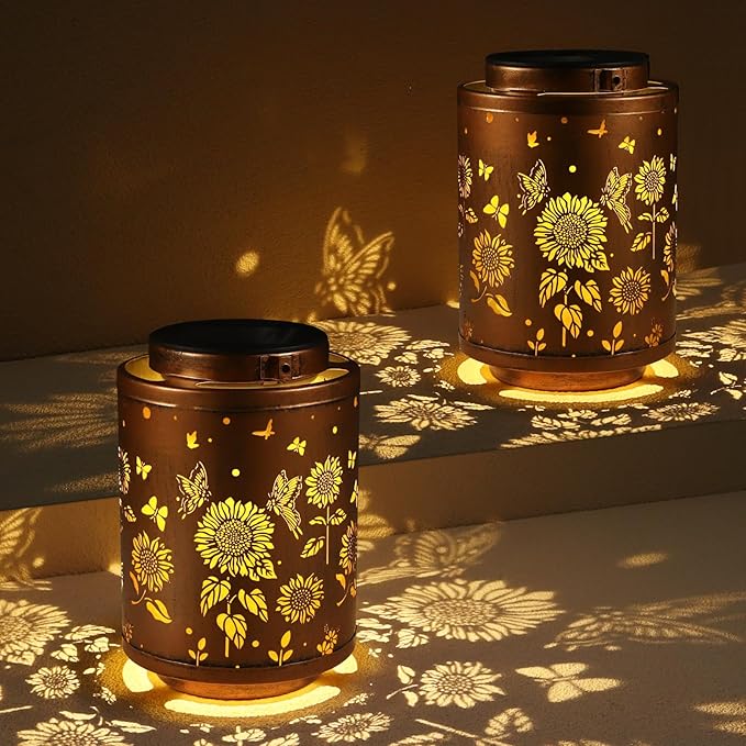 Tepaken 2 Pack Solar Outdoor Lanterns, Garden Decor LED Light Hanging Waterproof Solar Metal Lantern Birthday Gifts for Women Mon Grandma Sunflower Solar Lights Outdoor Decoration(Butterflies)