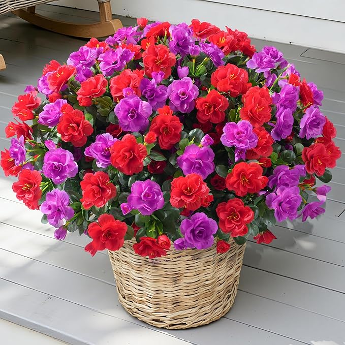 Artificial Fake Outdoor Flowers Plants, Faux Silk Camellia Bundles UV Resistant No Fade Realistic for Planter Pot Outside Porch Patio Balcony Garden Yard Home Decor, 3 Large Bundles (Red +Fuchsia)