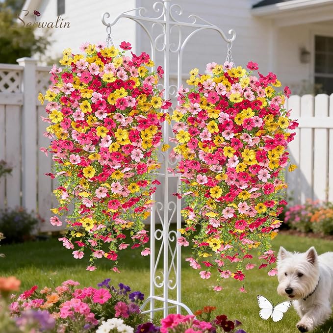 Serwalin 6PCS Artificial Fall Flowers for Outdoors Decoration, Realistic Silk Artificial Fall Hanging Flowers for Patio, Garden, Porch, Window, Outside (Yellow, Hot Pink & Pink,6PCS)