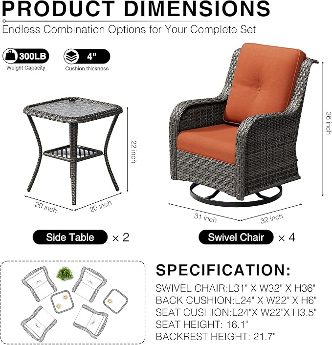 Joyside 6 Piece Wicker Patio Furniture Set, Outdoor Swivel Rocker Patio Chairs with High Back, Deep Seating, Wide Armrest, Thickened Cushions, Outdoor Furniture for Deck, Porch Use