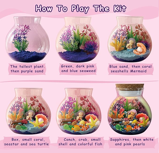 Mermaid Terrarium Kit for Kids - Toys Crafts for Girls Ages 5 6 7 8-12 Year Old Birthday (Batteries Not Included)