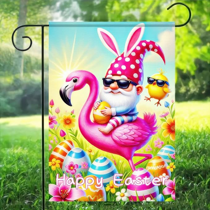 Happy Easter Garden Flag 12x18 Inch Double Sided Gnome Flamingo Bunny with Easter Egg Design Small Outdoor Yard Flag Spring Easter Welcome Banner for Porch Lawn Patio Garden Decor