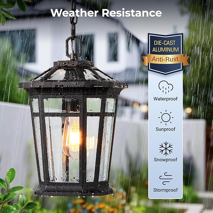 VIANIS Large Outdoor Pendant Light, Oil Rubbed Bronze Outside Hanging Lights, Hanging Porch Light Fixture with Adjustable Chain, 100% Aluminum Waterproof Anti-Rust Ceiling Lighting for House, Doorway