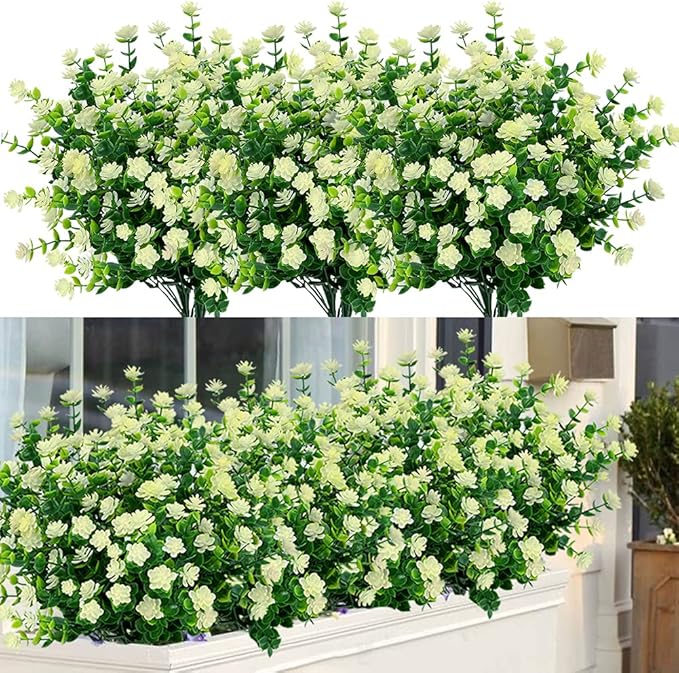 ArtBloom 6 Bundles Outdoor Artificial Flowers UV Resistant Fake Boxwood Plants, Faux Plastic for Indoor Outside Hanging Plants Garden Porch Window Box Home Wedding Farmhouse Decor (Milk Green)
