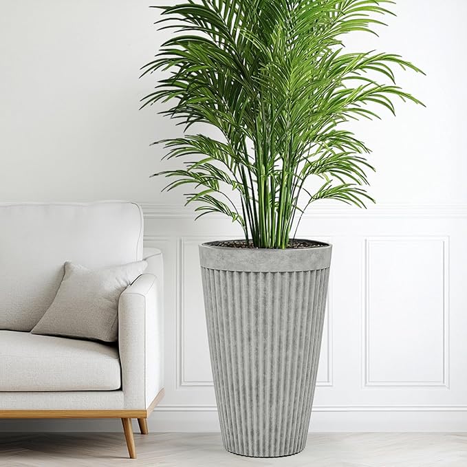Autodaya 20" Tall Planters Set of 2, High-Density Resin Fluted Outdoor Pots for Plants, Versatile Indoor/Outdoor Flower Pots w/Drainage Holes for Patio, Garden, Porch & Living Room Decor, Ideal Gift