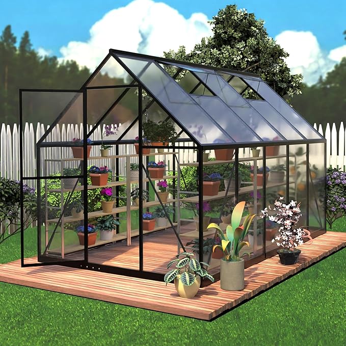 HOOYEAH Outdoor Polycarbonate Greenhouse, 6 x 10 FT Aluminum Frame Plant Green House with Locking Door & Roof Vent, Heavy Duty Winter Greenhouse for Backyard Gardening