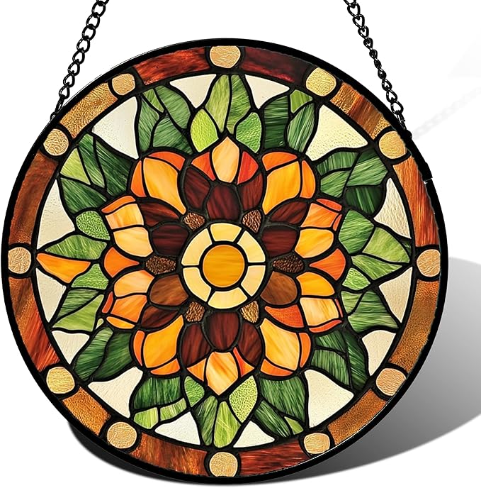 AMDERVEN Stained Glass Window Hanging - Yellow Green Boho Style Flowers Sun Catcher for Door Garden Home Decor Suncatcher Christmas Mother's Day Birthday Gifts for Women Mom Girl Nana Friend 6.3 in
