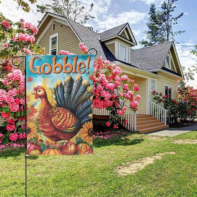 Thanksgiving Day Gobble Garden Flag 12x18 Inch Double Sided All-Weather Polyester Outdoor Flag For Patio Lawn Yard And Garden Welcome Decor