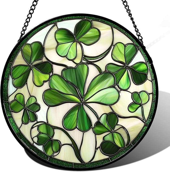 Stained Glass Window Hanging - Ireland Green Lucky Clover Suncatcher for Doors Garden St. Patrick's Day Sun Catchers Decor Mother's Day Birthday for Women Men Mom Nana 11.8 in