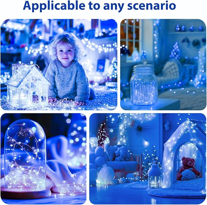 HXWEIYE Rechargeable Fairy Lights with Remote & DIY Timer, 33ft 100LED Battery Operated Twinkle String Lights, 8 Modes Decor Light for Bedroom Indoor Wedding Dorm Christmas Tree Party (Blue)