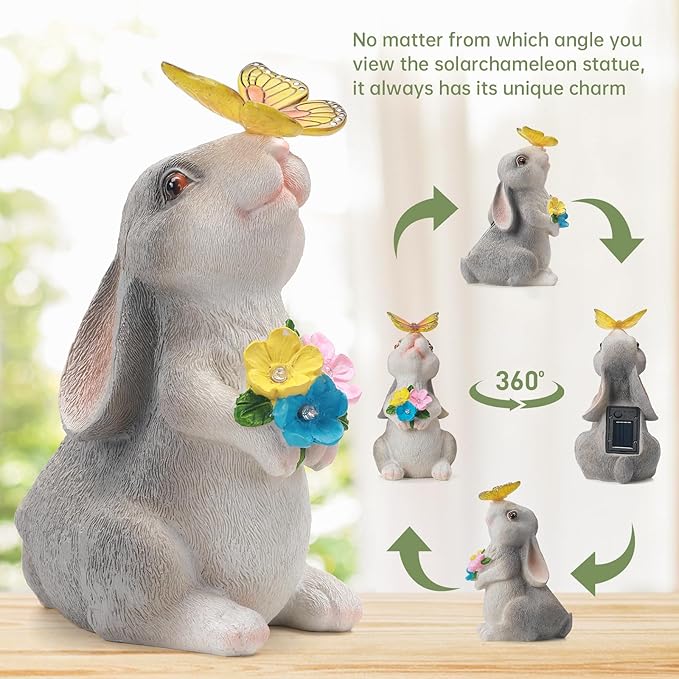 Solar Garden Statue Outdoor Decor, Rabbit Figurine with Butterfly LED Lights, Bunny Statue for Garden, Yard Decor, Lawn Ornament, Housewarming Birthday Gift for Women Mom Grandma