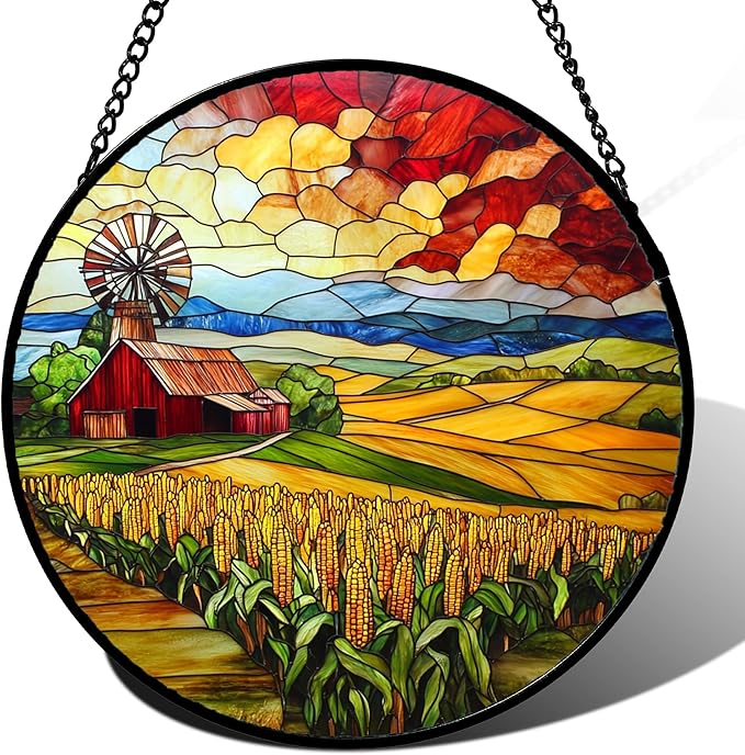 HWRHTR Stained Glass Window Hanging Autumn Farm Corn Harvest Landscape Large 15" - Suncatcher Garden Door Sun Catcher Home Decor Birthday Christmas for Woman Mom Friend Men Nana