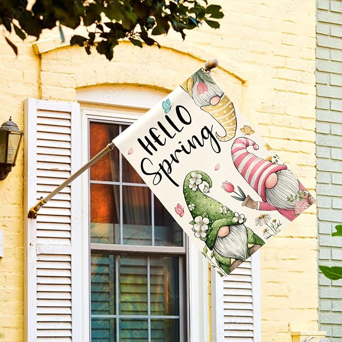 AVOIN colorlife Hello Spring House Flag 28x40 Inch Double Sided Outside, Seasonal Floral Gnomes Rustic Yard Outdoor Flag