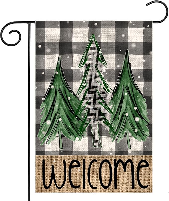 Welcome Christmas Trees Winter Garden Flag 12 x 18 Inch Vertical Double Sided Buffalo Plaid Holiday Yard Outside Xmas Décor
