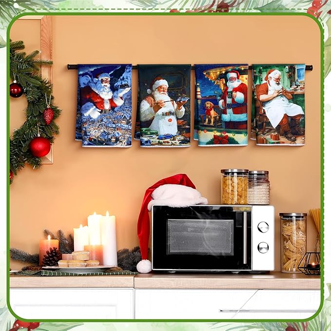 Bencailor 16 Pcs Christmas Kitchen Towels Santa Claus Hand Dish Towels Soft Absorbent Vintage Xmas Tea Dishcloths for Christmas Holiday Kitchen Bathroom Home Decor Gifts