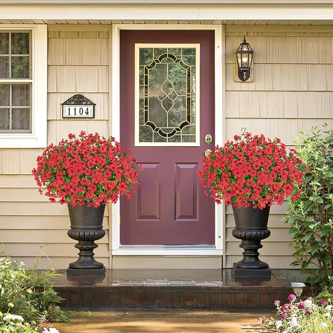 Besteek 20 Bundles Artificial Flowers for Outdoors Decoration Fake Silk Flowers UV Resistant Faux Plants Artificial Daisy Eucalyptus for Spring Summer Garden Yard Porch Window Home Decor, Red