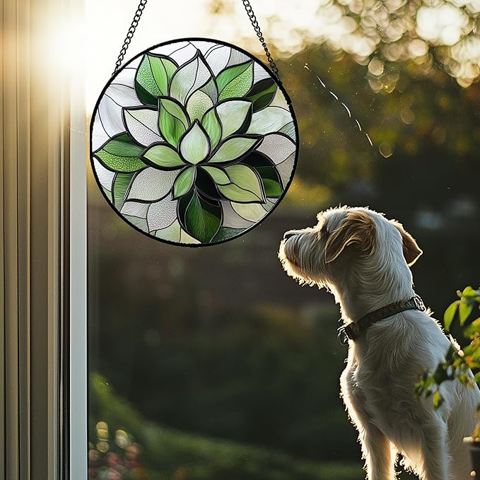 Stained Glass Window Hanging - Ireland Green Plants Suncatcher for Doors Garden Succulent Sun Catchers Decor Mother's St. Patrick's Day Birthday for Women Men Mom Nana 7.8 in